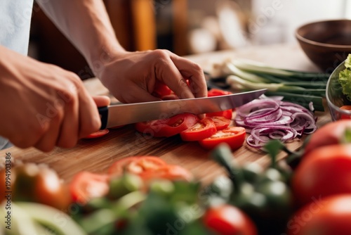 Cutting Vegetables on a Wooden Board With a Knife in a Kitchen Setting During...
