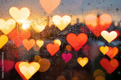 Colorful Hearts Float in the Sky Above a City at Sunset Showing a Blend of Bu...