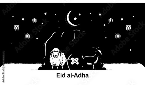 Luxury Eid al Adha islamic vector design with golden crescent mosque and sacrifice animals illustration