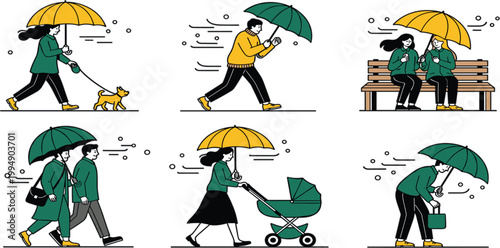 People walking in rainy weather with umbrellas wind and storm scenes outdoor lifestyle vector illustration collection