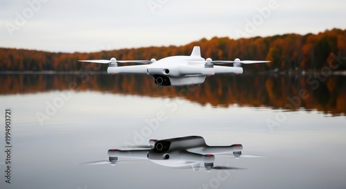 White quadcopter hovering over calm lake water with reflection and autumn forest background