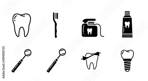Black dental care and oral hygiene icon set