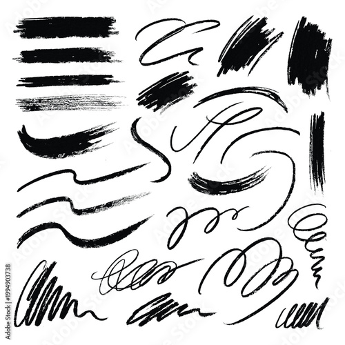 Collection of black hand drawn scribbles and brush strokes isolated on transparent background vector.