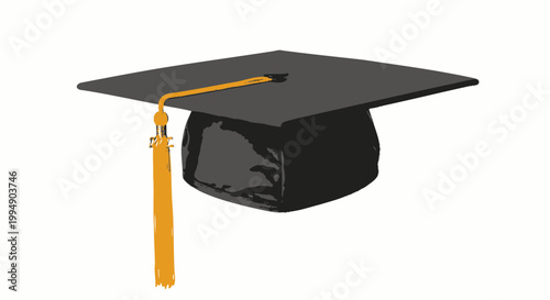 Black graduation cap with yellow tassel on white background