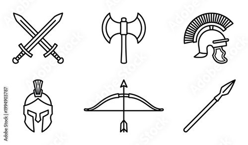 Ancient historical weapons and military armor icons including swords axe helmet and bow with military medieval protection