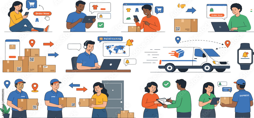 Fototapeta premium Online shopping and delivery service concept illustration featuring people ordering online, logistics, parcel tracking, and express courier package shipment