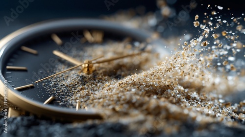 Uhr wird von Sand umhüllt und verschwimmt als Symbol für vergehende Zeit oder eine Sanduhr