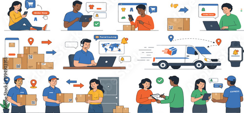 Online shopping and delivery service concept illustration featuring people ordering online, logistics, parcel tracking, and express courier package shipment