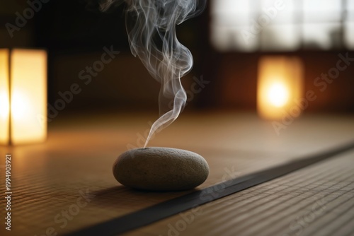 Smoke Rises From Incense on a Stone in a Traditional Room With Lantern Light ...