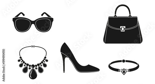 Fashion accessory silhouettes including handbag sunglasses and high heels