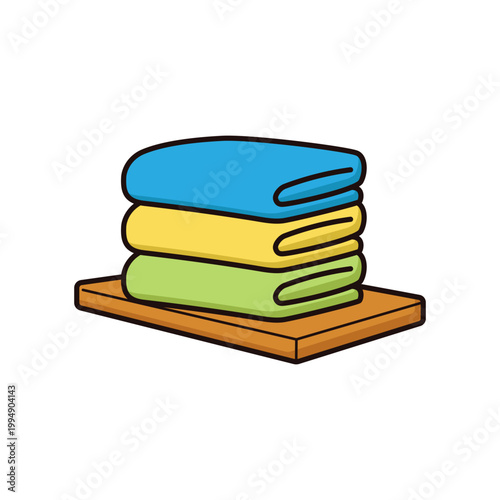 Folded Towels Stack on Wooden Tray Cartoon Vector Illustration Clean Laundry Concept