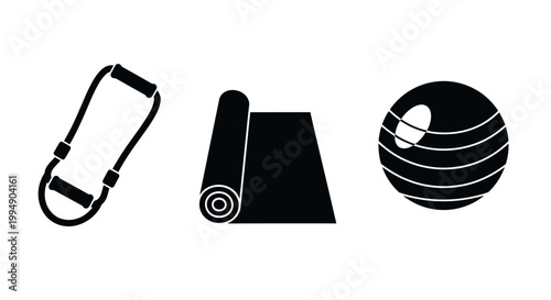 Fitness equipment icons with yoga mat ball and resistance band