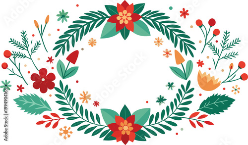 Holiday flower and greenery leaves, with fir tree branches border.