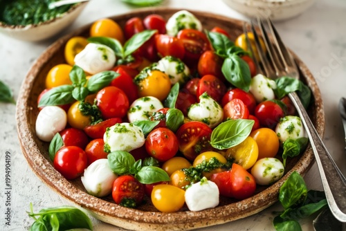 Fresh Mozzarella and Tomato Salad Served on a White Plate With Basil and Pest...