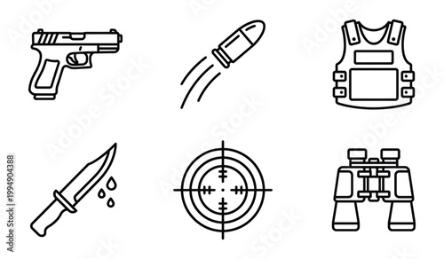 Tactical and security equipment icons with handgun bulletproof vest knife binoculars and sniper sight binoculars tactical