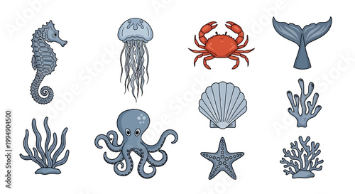 Colorful marine life collection with seahorse, octopus, and coral elements