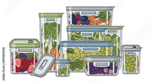 Organized food storage with fresh vegetables and fruits in transparent containers