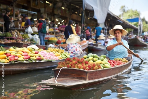 Visitors Shop for Fruits From Colorful Boats at the Floating Market in Thaila...