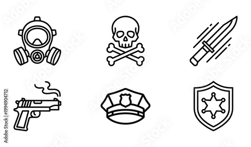Set of line style law enforcement and security icons including gas mask skull knife pistol police cap and sheriff badge