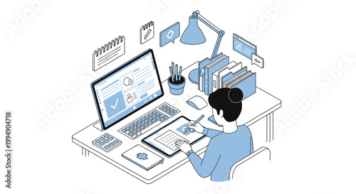 Isometric Illustration of Female Graphic Designer Working at Home Office Desk