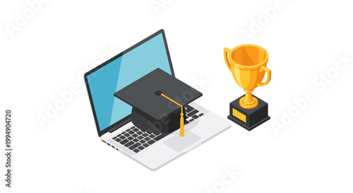Isometric Online Education and Graduation Success Concept with Laptop, Graduation Cap and Gold Trophy Cup
