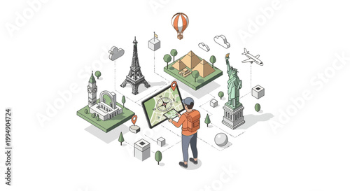 Isometric Global Travel Concept: Tourist Planning Trip with Famous World Landmarks, Digital Map, and Navigation Application