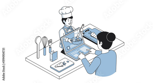 Online Cooking Class Illustration: Woman Learning Culinary Skills from a Professional Chef via Laptop Video Tutorial