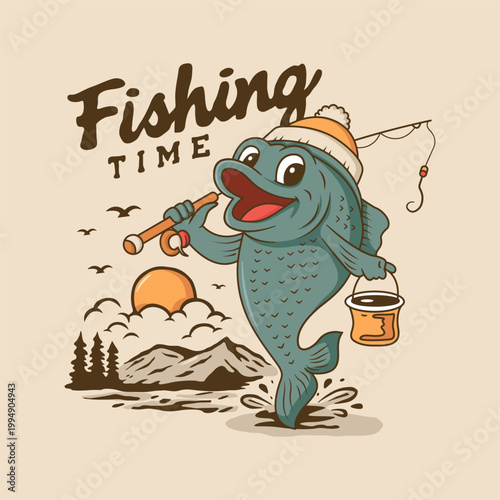 Cute Cartoon Fish Fishing Character Vector Illustration Fun Mascot Retro Design