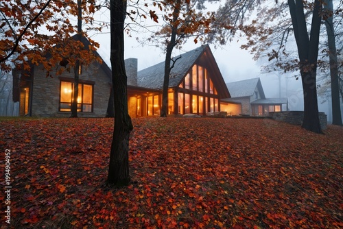 Foggy Autumn Evening at a Modern House Surrounded by Colorful Leaves and Trees