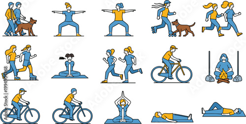 People doing fitness activities set with running cycling yoga stretching and workout exercises healthy lifestyle vector illustration collection