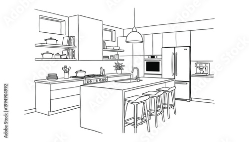 Modern kitchen interior line drawing on transparent background vector illustration.