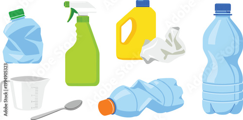 Plastic waste and household containers set with bottles spray jug measuring cup and trash recycling concept vector illustration