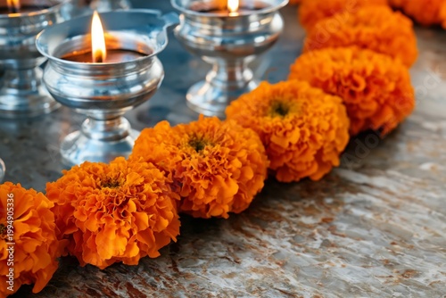 Marigold Flowers and Oil Lamps Arranged on a Table for a Festive Celebration ...