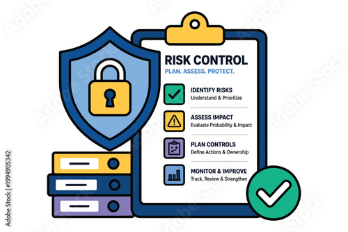 Risk control process flowchart with security shield and server icons