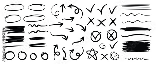 Hand Drawn Scribble Arrows, Check Marks, Circles, Crosses Underline Marker Elements Vector Set