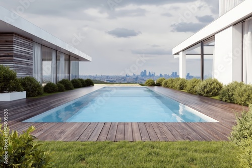 Luxurious Modern Pool With Skyline View in a Spacious Outdoor Area Near a City