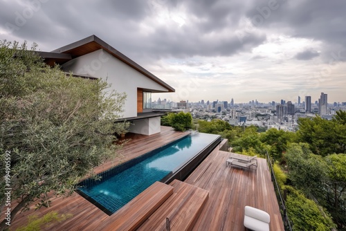 Luxurious Modern Pool With Skyline View in a Spacious Outdoor Area Near a City