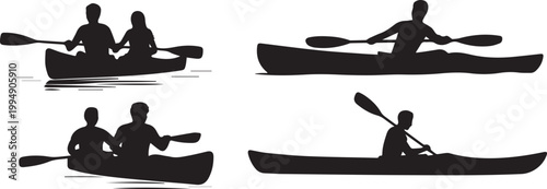Kayaking silhouettes, canoe adventure water sport outdoor activity recreation concept