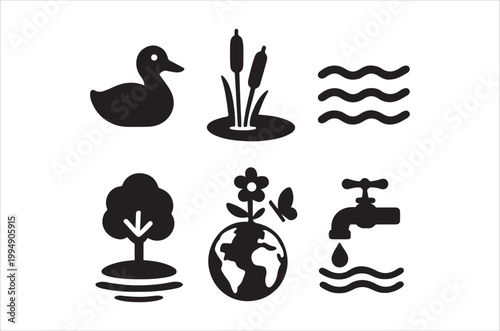 Black silhouettes depict nature water and environmental elements