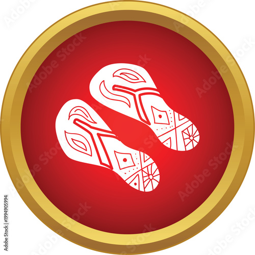 White flip flop slippers showcasing abstract patterns on a red button with a gold rim