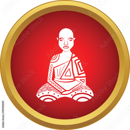 Buddha meditating in a stylized white icon on a red background with a gold border