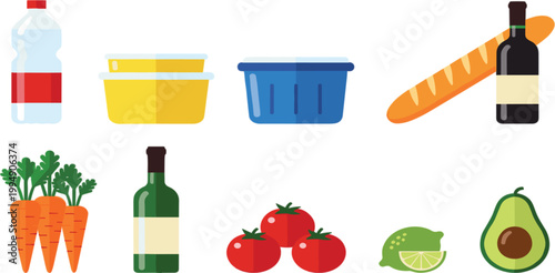 Healthy food ingredients set with vegetables, fruits, oil, bread and dairy products in clean flat cartoon vector illustration style