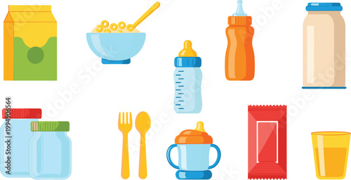 Breakfast food and drink set with cereal, milk, juice, tea, snacks and kitchen items in clean flat cartoon vector illustration style