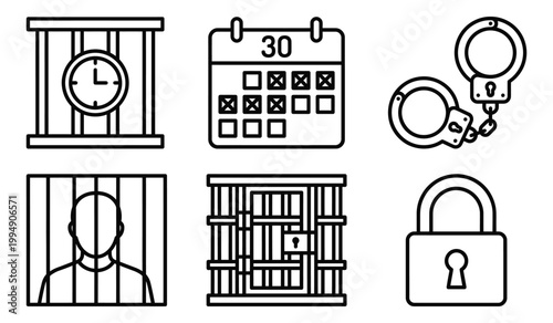 Prison and detention line icons including clock behind bars calendar handcuffs locked prison door and heavy padlock with handcuffs