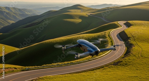 Dark quadcopter flying above winding empty paved road between green rolling grassy hills