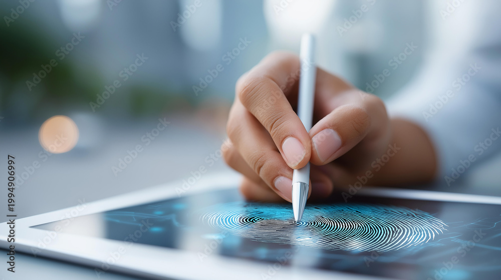 Obraz premium Faceless hand holding a stylus interacting with a digital fingerprint scan on a tablet, security and technology concept, defocused background, with copy space