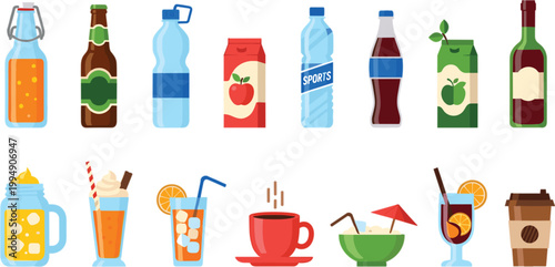 Various drinks collection set with soda, water, juice, beer, wine, tea and coffee in colorful flat cartoon vector illustration style