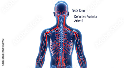 A detailed illustration of the human body's arterial system with a focus on the posterior view