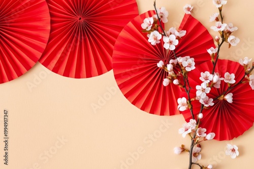 Colorful Red Decorations and White Flowers Arranged on a Light Background for...