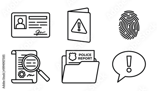 Set of law enforcement and crime investigation icons representing police work and forensic analysis with investigation, forensic